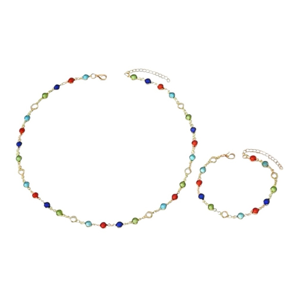 Gold-Tone Multicolor Beaded Necklace and Bracelet Set - Red, Blue, Green, Aqua